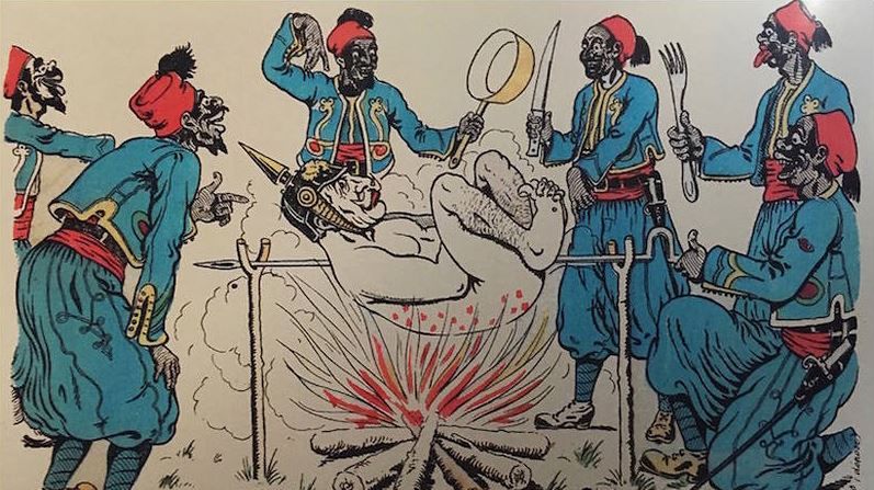 Une carte postale, caricaturant les tirailleurs sénégalais en cannibales.