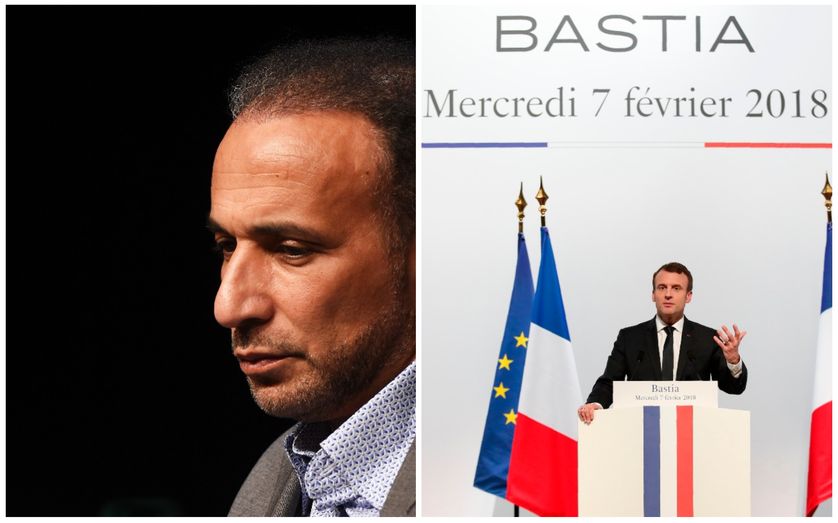 Tariq Ramadan en mai 2016 à Bordeaux / Emmanuel Macron à Bastia le 7 février 2018
