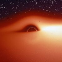 Représentation d’un trou noir d’après la première simulation d’un trou noir entouré d’un disque de gaz effectuée par Jean-Pierre Luminet en 1979