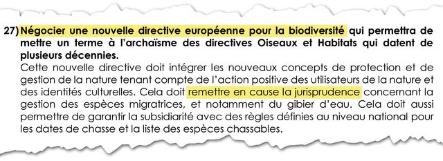 "Négocier une nouvelle directive européenne". Point 27 de la charte signée entre LREM et la FNC