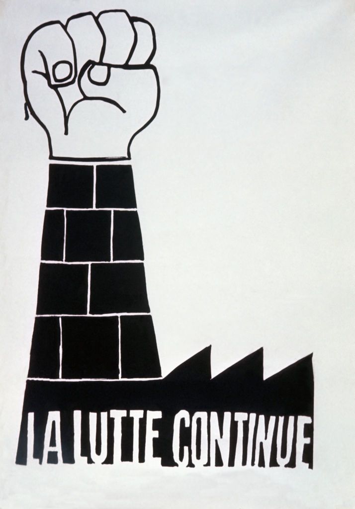 "La lutte continue", affiche de mai 1968, réalisée par l'Atelier Populaire des Beaux-Arts.