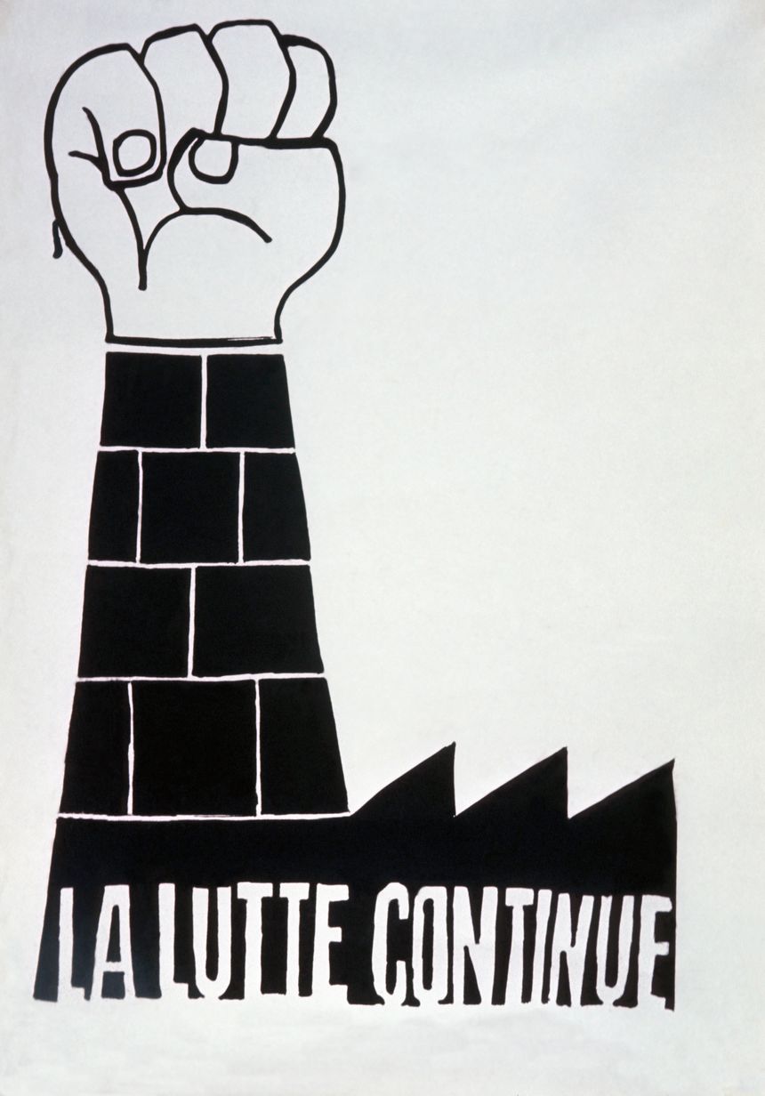 "La lutte continue", affiche au poing levé sérigraphiée par l'Atelier populaire des Beaux-Arts en mai 1968.