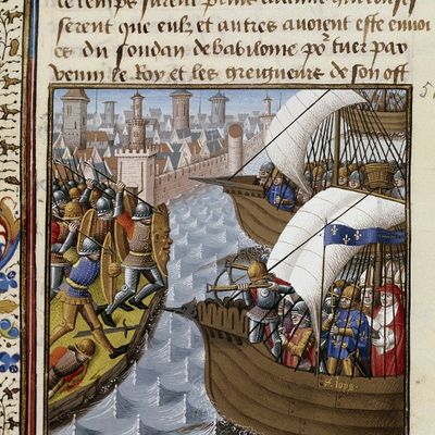 Septième croisade : le roi Saint Louis et les croisés assiégeant Damiette en juin 1249 en Basse Egypte. Miniature tirée du manuscrit "Speculum historiale" de Vincent de Beauvais, musée Condé, Chantilly.