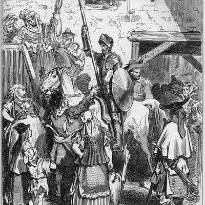 Don Quichotte ayant cru bénéficier de l'hospitalité d'un seigneur, refuse de payer l'hötelier