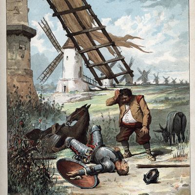 Don Quichotte combattant les moulins à vent (Illustration de Jules David (1808-1892