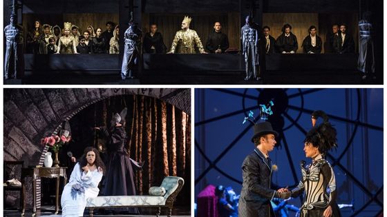 En haut : Don Carlos © Opéra de Lyon. En bas : Benvenuo Cellini © Agathe Poupeney - OnP / Le Domino Noir © Lorraine Wauters - Opéra Royal de Wallonie