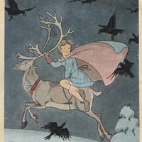 "Gerda sur le dos du renne partent pour la Laponie" Illus. de Angela Resignani pour la nouvelle "La petite fille des brigands" d'Andersen, "Les nouvelles fantastiques".