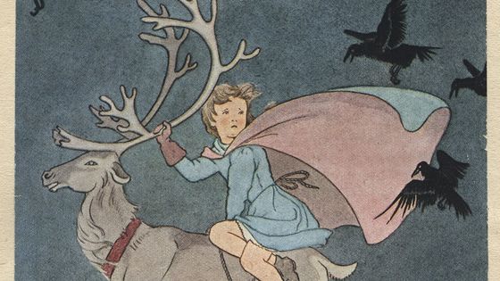 "Gerda sur le dos du renne partent pour la Laponie" Illus. de Angela Resignani pour la nouvelle "La petite fille des brigands" d'Andersen, "Les nouvelles fantastiques". ©AFP - Leemage