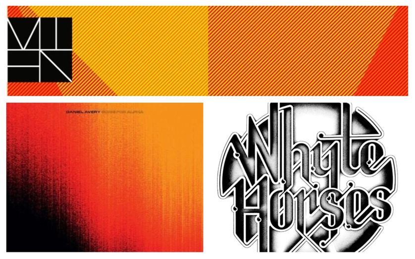 En haut : pochette de l'album "Mien". En bas de gauche à droite les pochettes des albums de Daniel Avery et Whyte Horses.