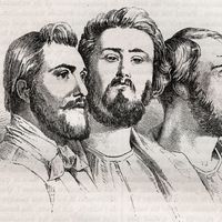 Charles Duveyrier (1803-1866) - Emile Barrault (1799-1869) - Michel Chevalier (1806-1879 - Gravure de 1882 in "Histoire de dix ans : 1830-1840" Louis-Blanc (1811-1882)
