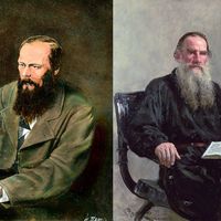 Portrait de l'ecrivain russe Fedor Dostoievski (Dostoevsky ou Dostoevskij) (1821-1881) et portrait de Tolstoï par Ilia Répine (1887)