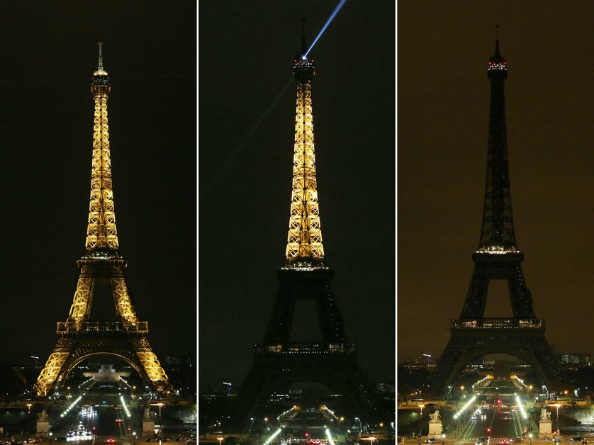 En signe de deuil après la prise d'otages meurtrière survenue àTrèbes (Aude) le 23 mars, la Tour Eiffel s'est éteinte à minuit