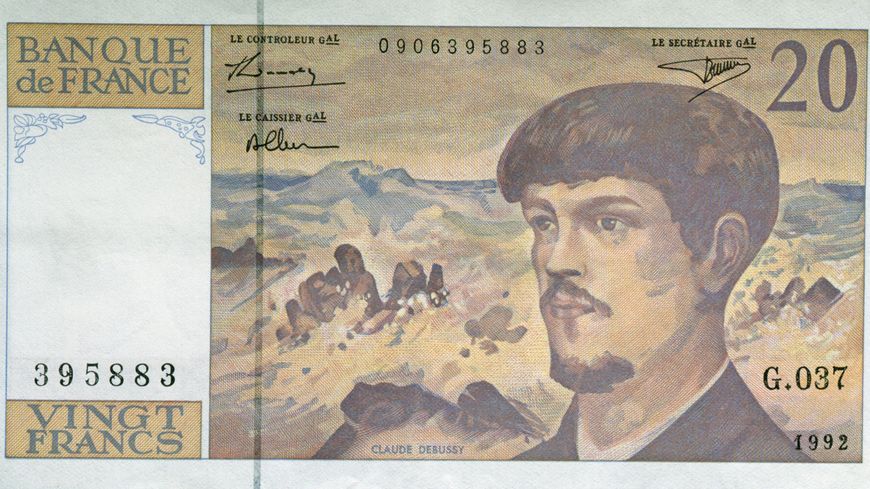 Claude Debussy sur le dernier billet de 20 francs en circulation avant le passage à l'euro
