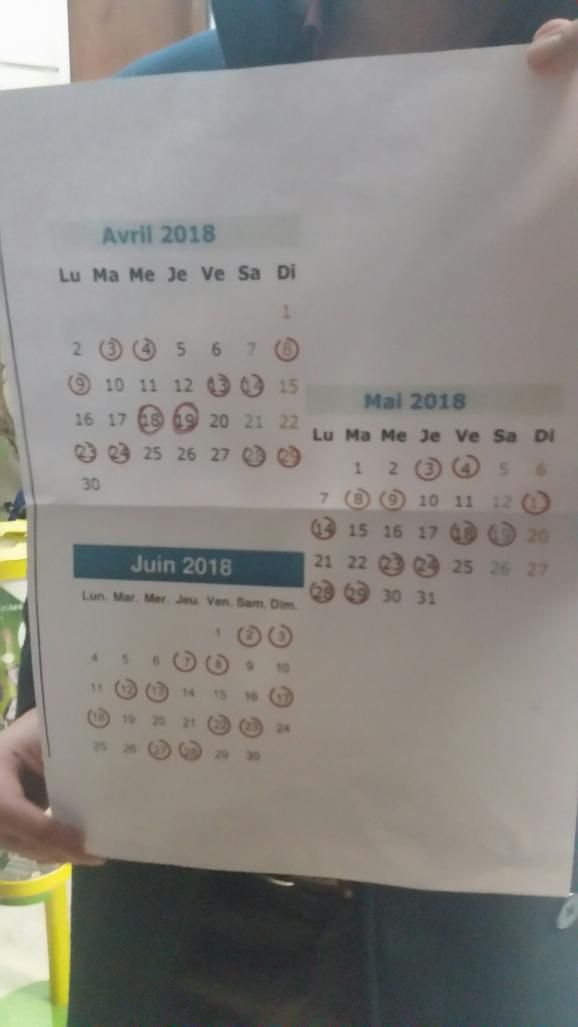 Sur ce calendrier, réalisé jeudi 15 mars, les jours de grève sont entourés en rouge (RAPHAEL EBENSTEIN / RADIO FRANCE)