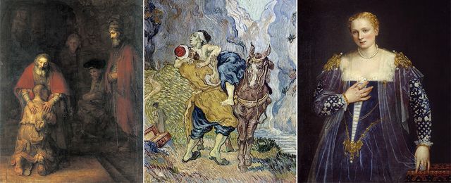 "Le retour du fils prodigue" (Rembrandt - Musee de l'Ermitage) - "Le Bon Samaritain" d'après Delacroix (Van Gogh - Kröller-Müller Museum, Otterlo (Pays-Bas)) - "Portrait de la belle Nani" (Veronese - musee du Louvre)