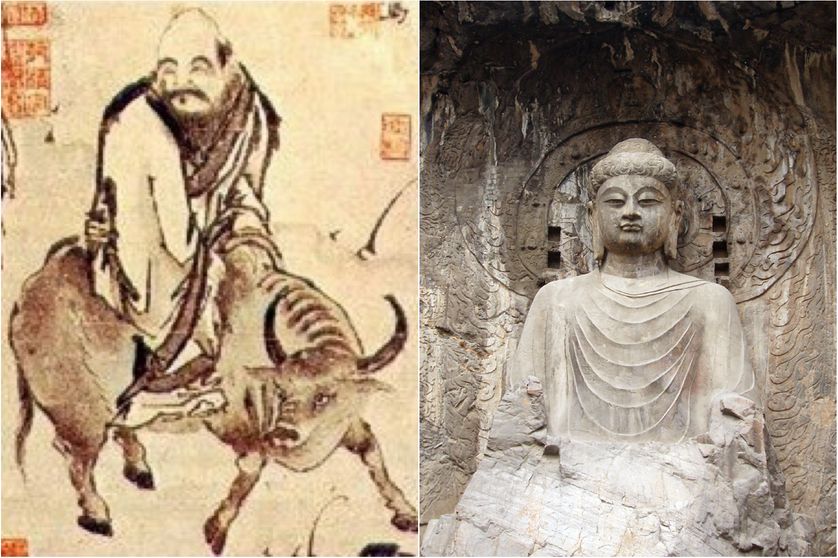 mage classique de Lao Tseu s’en allant vers l’Ouest monté sur un buffle/Vue du Grand Buddha Vairocana, grottes de Longmen, plan rapproché sur l'auréole au graphisme typiquement chinois ( Luoyang, Chine)