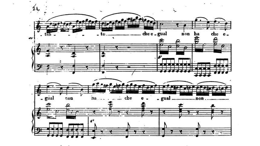 Extrait de la partition du Barbier de Séville (air Ecco ridente in cielo). On peut voir toutes les vocalises écrites par Rossini pour l'interprète du Comte Almaviva.