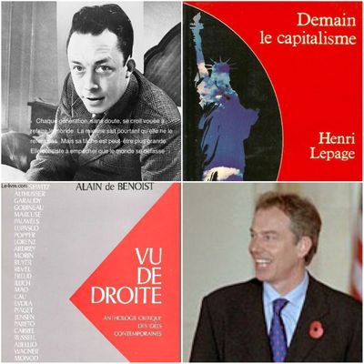 Albert Camus en 1957, extrait de son discours, Prix Nobel de Littérature/Détails de couvertures, "Demain le capitalisme" d'H. Lepage (1978) et "Vu de droite d'A. de Benoist" (1977)/ portrait de Tony Blair, 7.11.2001
