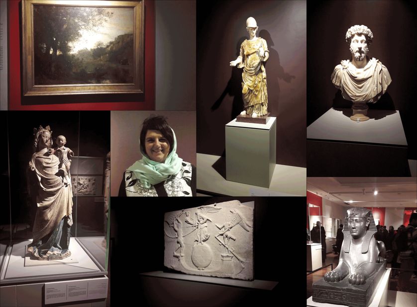 Oeuvres du Louvre exposées à Téhéran entourant Yannick Lintz, directrice des Arts de l'Islam au musée du Louvre