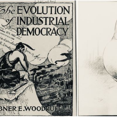 Abner E. Woodruff, The Evolution of Industrial Democracy, Illustr. Ralph Chaplin/Cartoon from the records of the National Child Labor Committee : child laborer supporting the world with her labor & an uncaring robber baron industrialist, 1912