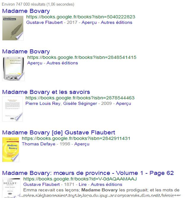 Recherche sur Madame Bovary dans l'onglet Livres de Google