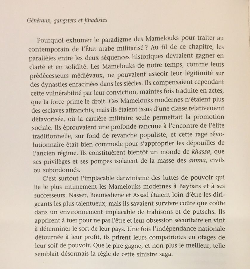 Extrait du chapitre "Les mamelouks de notre temps", p.66, par Jean-Pierre Filiu, "Généraux, Gangsters et djihadistes. Histoire de la contre-révolution arabe", à La Découverte