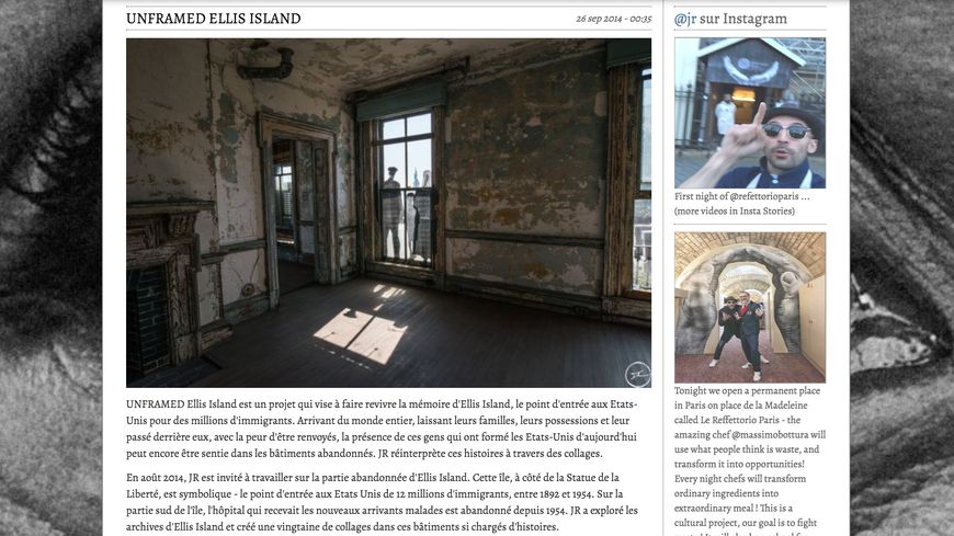 Avec UNFRAMED Ellis Island, JR a signé en 2014 un projet qui visait à faire revivre la mémoire de l'île new-yorkaise où étaient débarqués les migrants au début du XXe siècle.