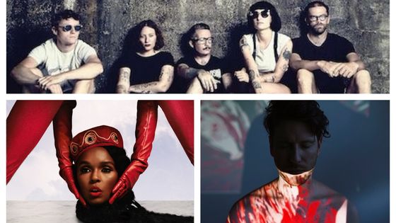 En haut : les membres du groupe JC Satàn. En bas : pochette du single "Django Jane" de Janelle Monáe et Rival Consoles.