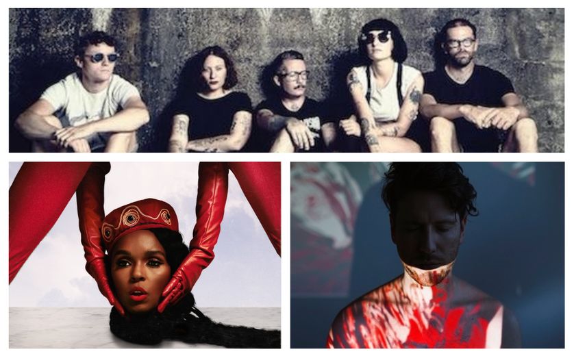 En haut : les membres du groupe JC Satàn. En bas : pochette du single "Django Jane" de Janelle Monáe et Rival Consoles.
