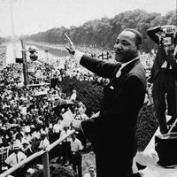American Civil Rights leader Dr. Martin Luther King Jr. (1929-1968) addresses a crowd at the March On Washington D.C, 28th August 1963.