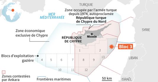 "Le Monde", Carte accompagnant, l'article de Marie Jégo, "La Turquie bloque l’exploration de gisements de gaz au large de Chypre
