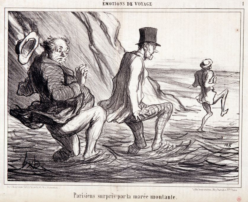 "Parisien surpris par la marée montante", gravure de Honoré Daumier, extrait du journal "Le Charivari" du 8 octobre 1857 , Musée des Beaux-Arts de Marseille.