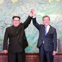 Kim Jong-un et Moon Jae-in au village de la trêve de Panmunjom le 26/04/2018