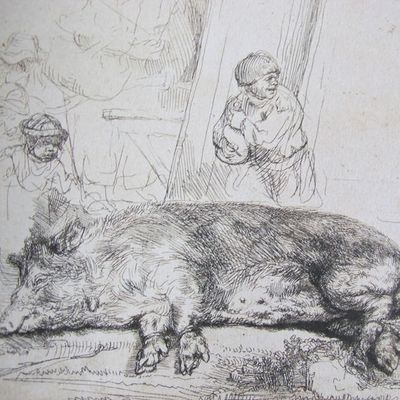 Rembrandt, Le Cochon (eau forte et pointe sèche, 1643) . Wikipédia