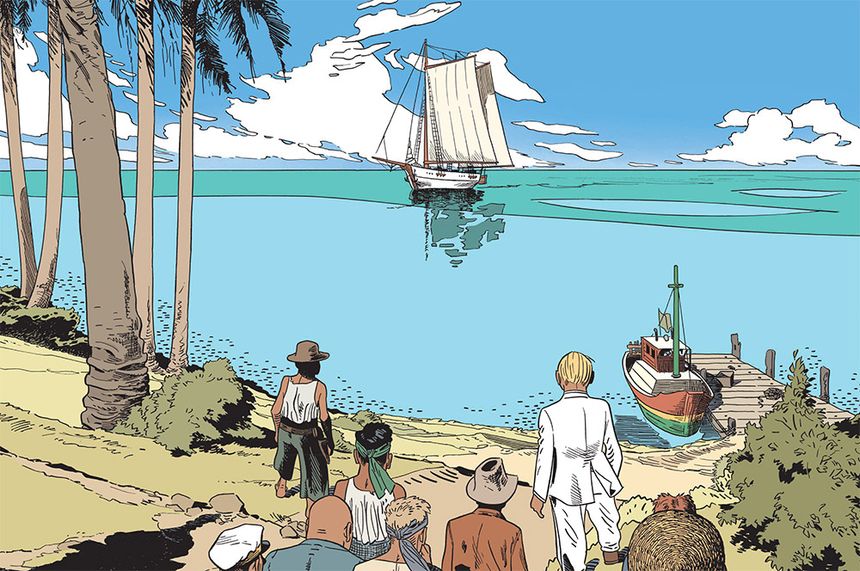 Détail d'une planche des "Aventures de Théodore Poussin, volume 13, Le Dernier voyage de l'Amok" par Frank Le Gall