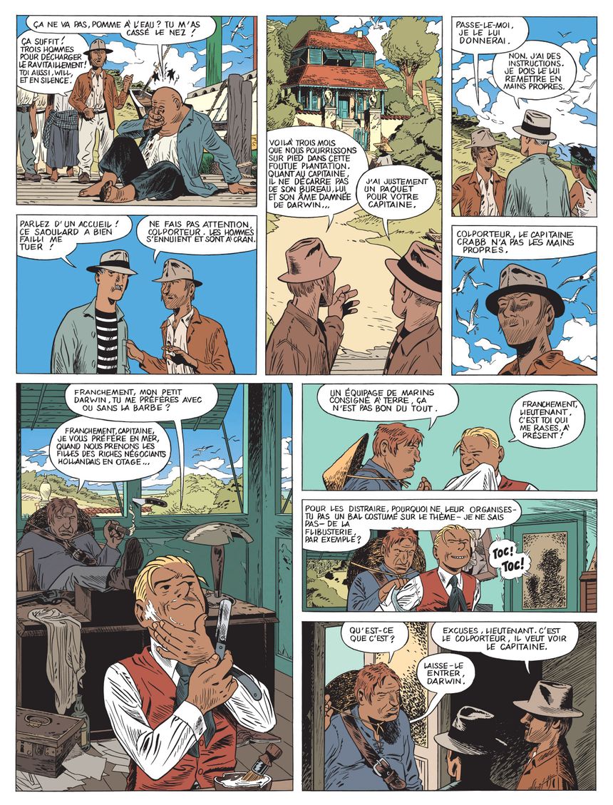 Planche des "Aventures de Théodore Poussin, volume 13, Le Dernier voyage de l'Amok" par Frank Le Gall