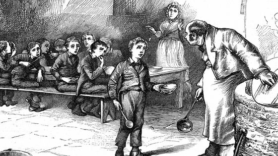 "'Please, sir,' replied Oliver, 'I want some more.'" Scène emblématique du début des « Aventures d’Oliver Twist » (1837) de Charles Dickens, illustrée ici par une gravure de J. Mahoney pour l’édition Household de 1871. ©AFP - Ann Ronan Picture Library / Photo12