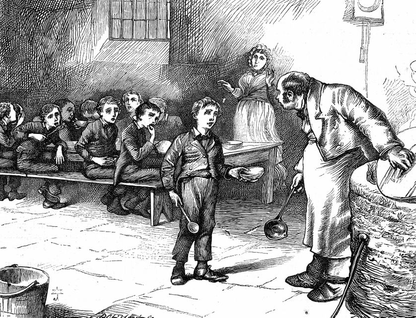 "'Please, sir,' replied Oliver, 'I want some more.'" Scène emblématique du début des « Aventures d’Oliver Twist » (1837) de Charles Dickens, illustrée ici par une gravure de J. Mahoney pour l’édition Household de 1871.