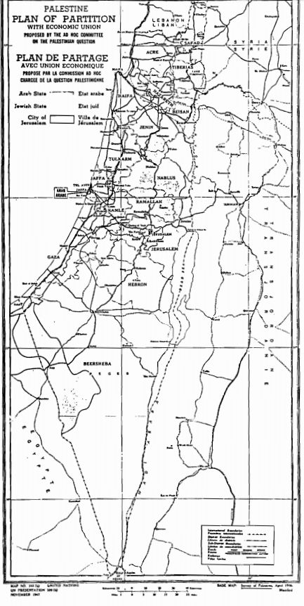 Carte de la répartition de la Palestine, dans le document officiel de l'ONU de la résolution 181.