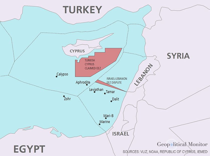 Sources : Vliz, Noaa, Republic of Cyprus, IEMED, Carte publiée dans le "Geopolitical Monitor"