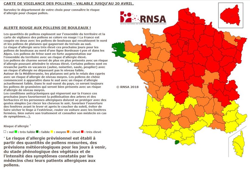 Carte de vigilance des pollens valable jusqu'au 20 avril 2018
