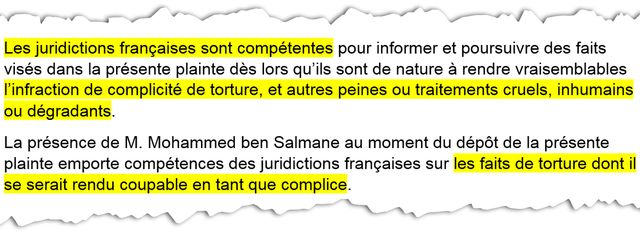 "Les juridictions françaises sont compétentes" - extrait de la plainte qui vise le prince héritier d'Arabie saoudite