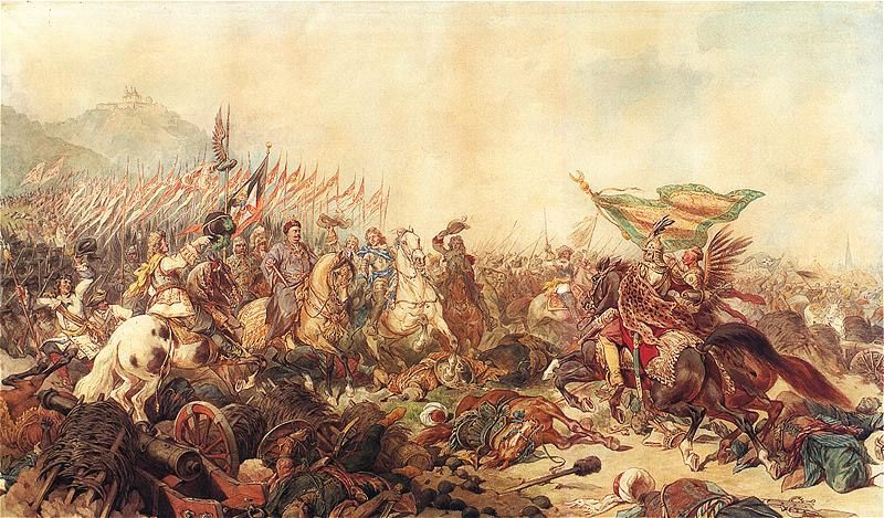 12 septembre 1683 : bataille de Kahlenberg. Le roi Polonais Jean III Sobieski repousse le grand vizir turc, Kara Mustafa, arrivé aux portes de Vienne à la tête de 180 000 hommes. Le peintre est Juliusz Kossak (1824–1899)