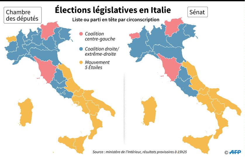 Carte des résultats par circonscription pour la Chambre des députés et le Sénat