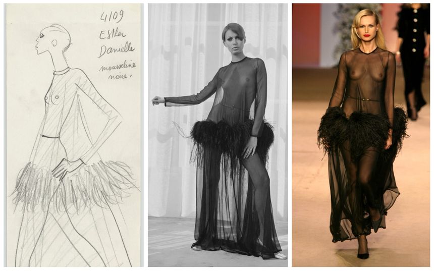 Croquis original de 1968 et la version portée par un modèle la même année. Le même modèle portée par un mannequin en 2002, lors d'une rétrospective.
