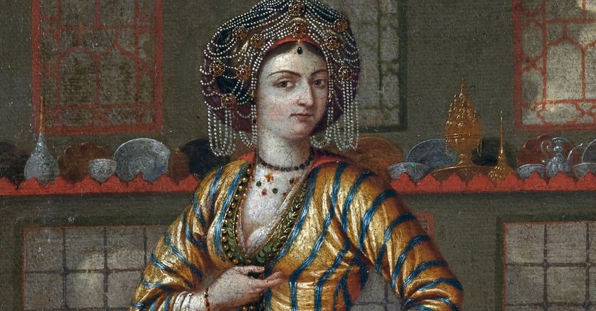 Portrait de femme de la noblesse de Constantinople chaussee de chaussures de hammam