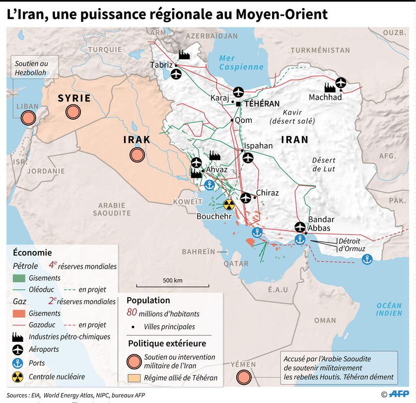 Carte des principales ressources economiques, infrastructures et présence régionale de l'Iran