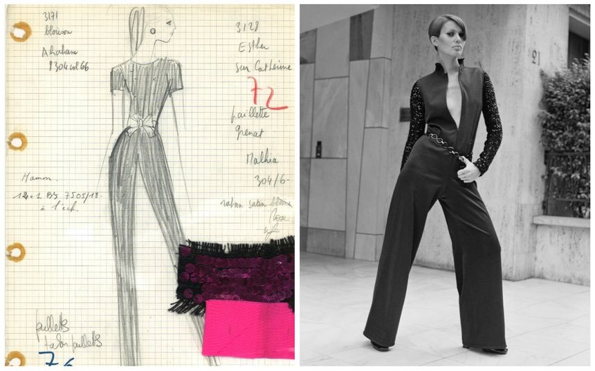 Fiche d'atelier dite "Bible" d'un ensemble pantalon, collection haute couture printemps-été 1968 et une "jumpsuit" portée par un modèle en 1968.