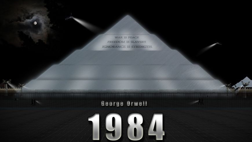 Photomontage représentant le ministère de la Vérité (en), l'un des lieux du roman de Georges Orwell 1984.