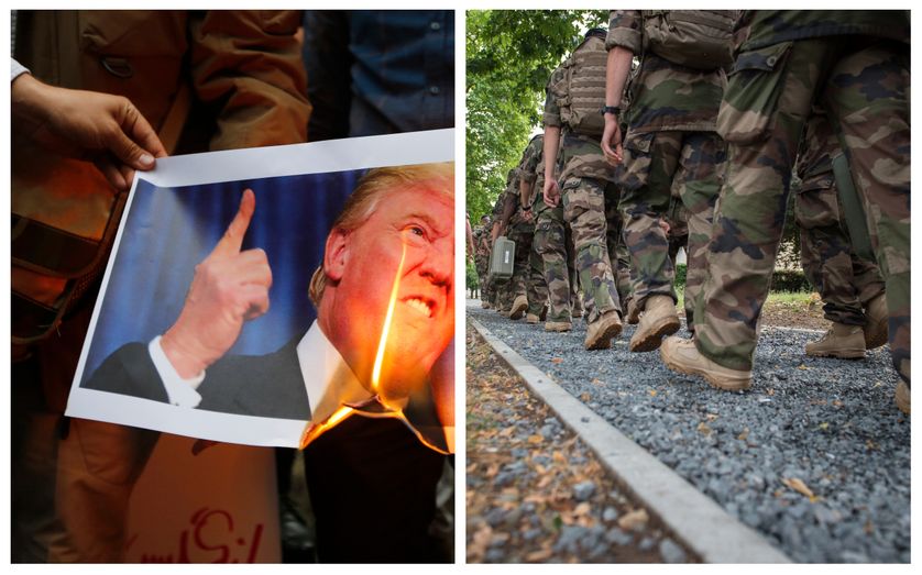 Gauche : Des iraniens brûlent la photo de Donald Trump au lendemain de l'annonce du retrait des Etats-Unis de l'accord sur le nucléaire iranien, 9 mai 2018 / Droite : Soldats de l'armée française